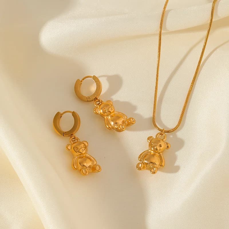 Bộ Dây Chuyền Và Hoa Tai Hình Gấu Và Hoa, Màu Vàng