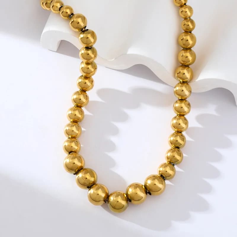 Solid Beaded Necklace, Gold Color Stainless Steel