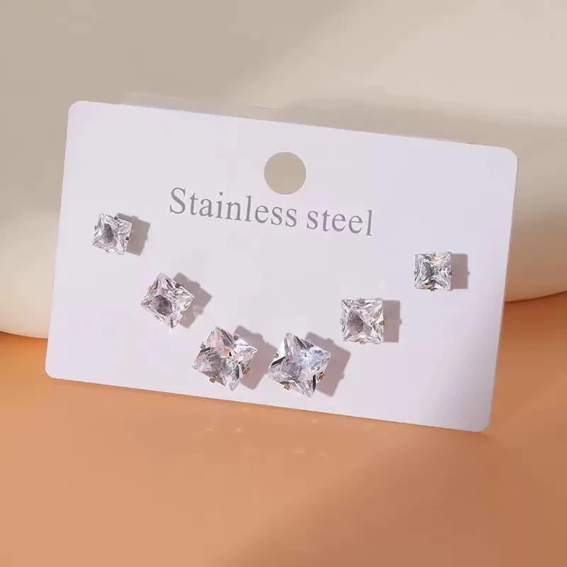3-Pair Bear and Square Hoop Stud Earring Set