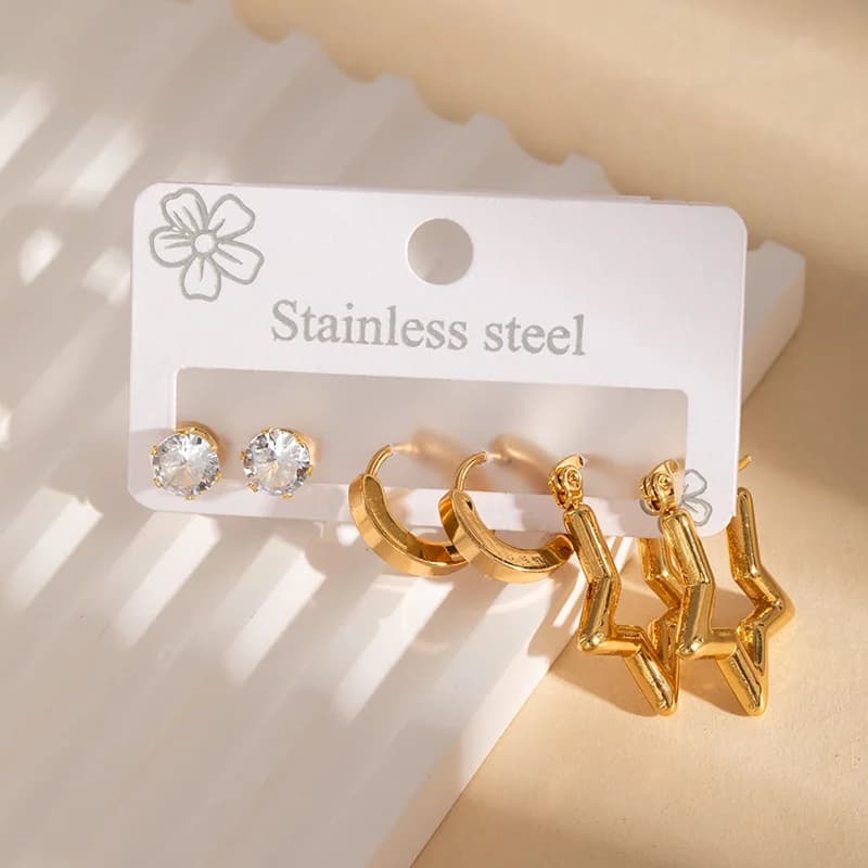 Zircon Hoop and Stud Earrings Set, Gold Plated