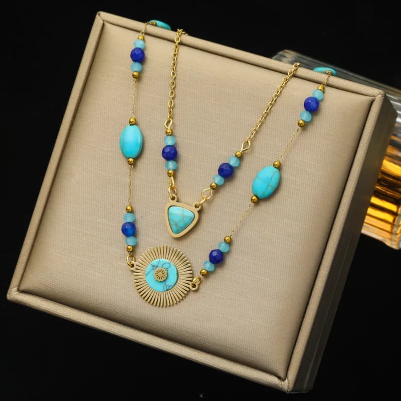 Multi-Layer Geometric Coin Stone Pendant Necklace