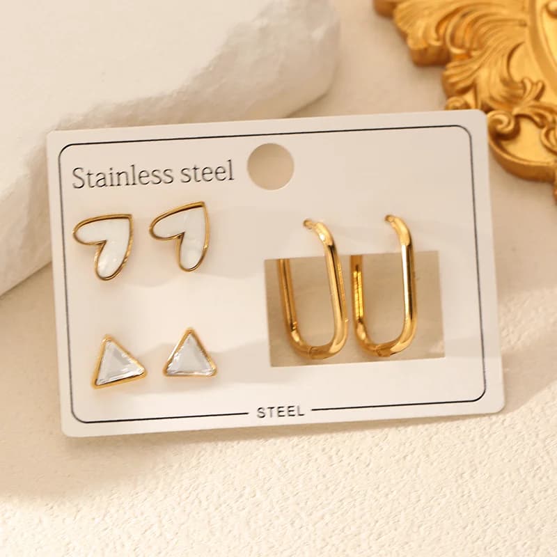 3-Pair Triangular Heart Hoop and Stud Earring Set