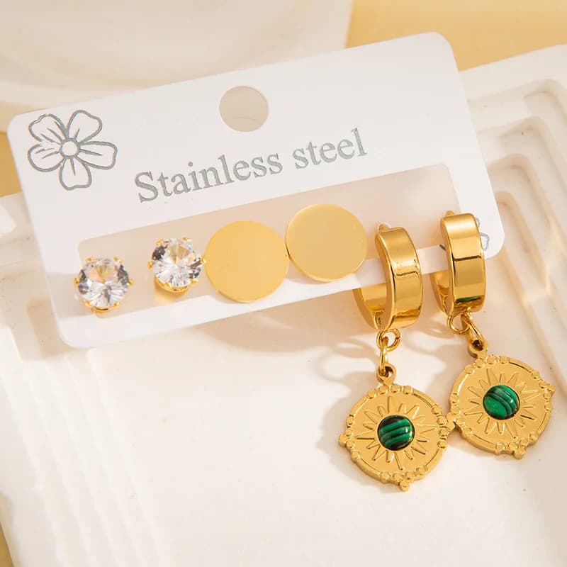 3-Pair Vintage Green Stone Drop Earring Set