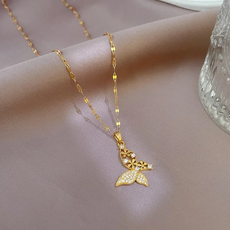 Dây Chuyền Bướm Đá Zirconia Màu Vàng Thép Không Gỉ 316L