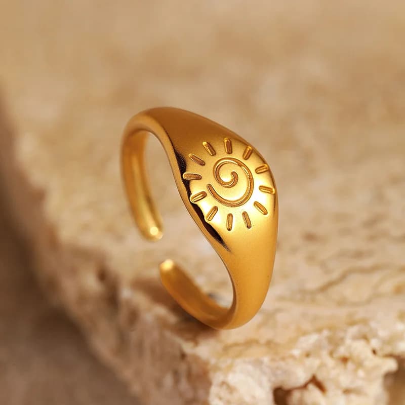 Nhẫn điều chỉnh phong cách Vintage hình mặt trời, Thép không gỉ màu vàng